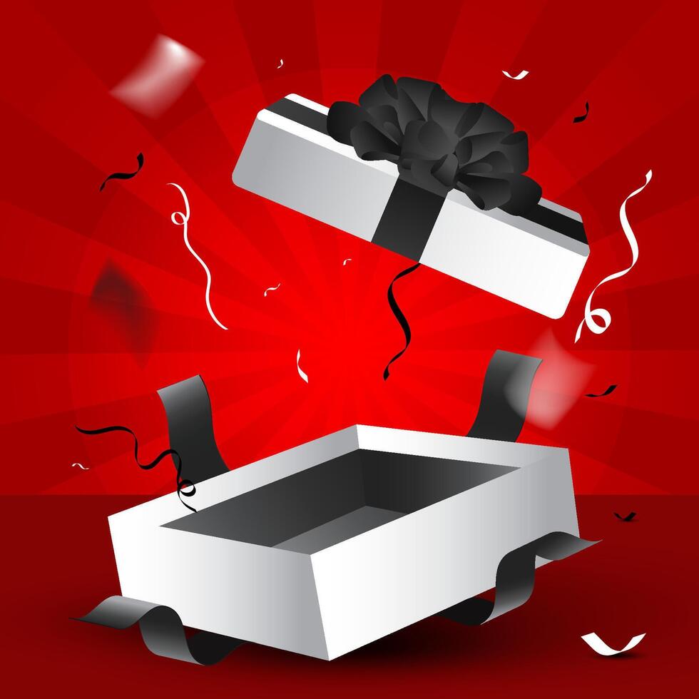 The box opens, releasing an explosion of confetti. red background vector