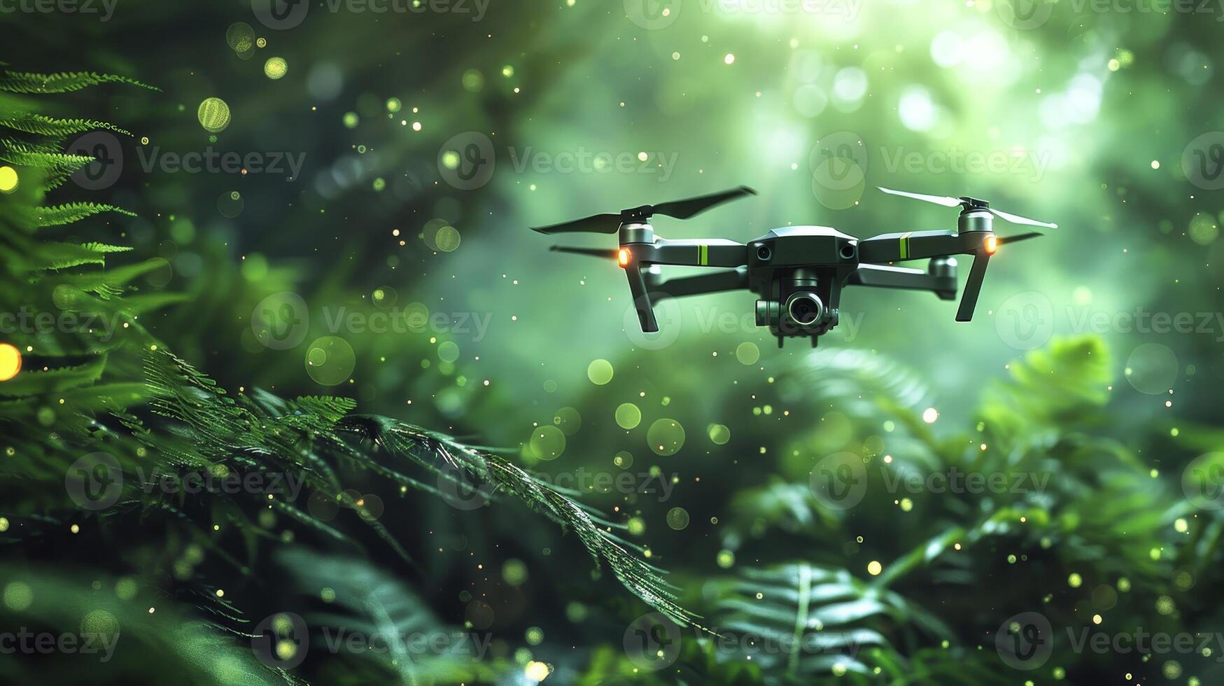 AI generated Quadcopter drone hovering amidst vibrant green foliage, capturing the essence of technology in nature exploration. photo