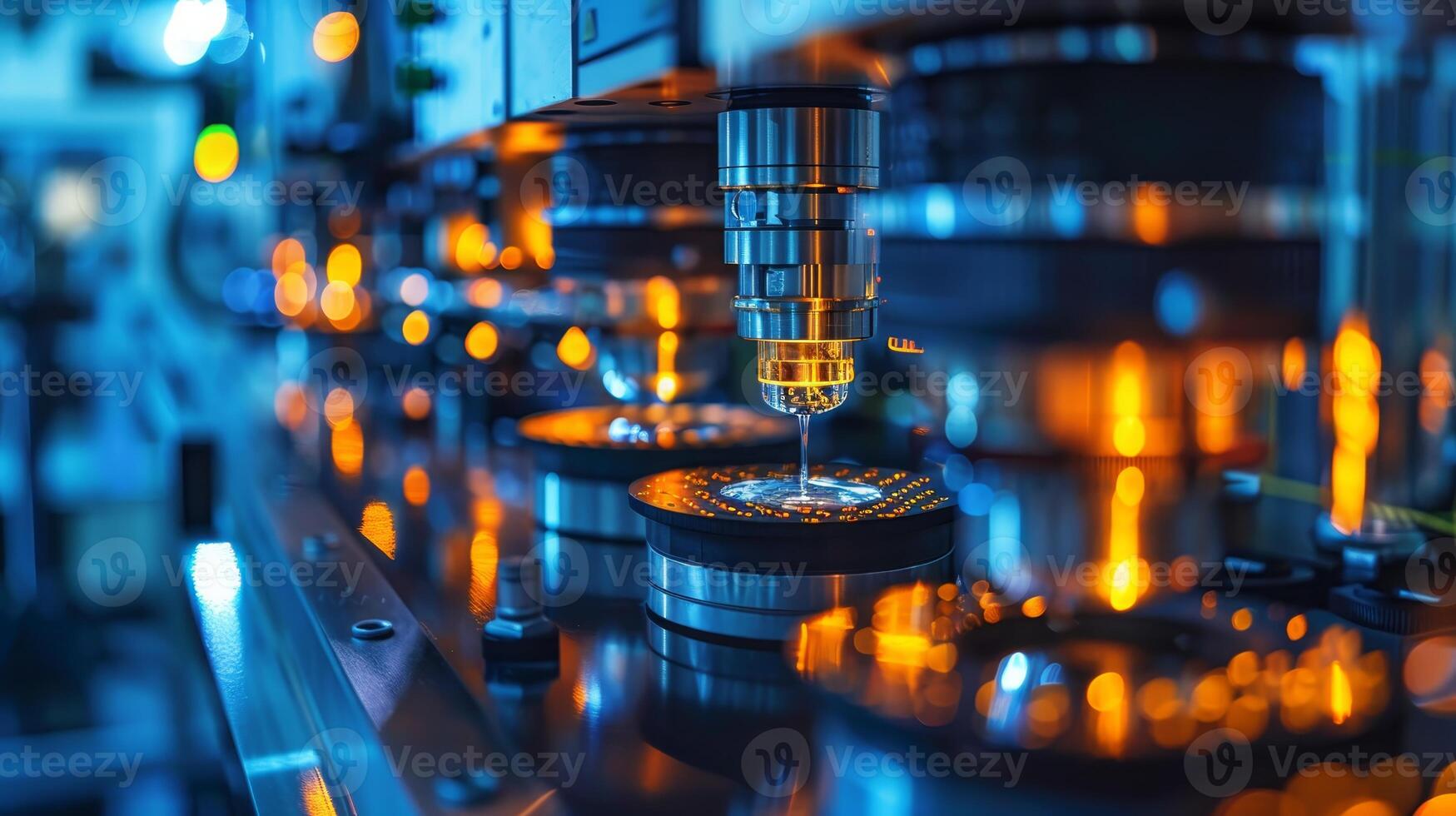 AI generated CNC machine performing detailed engineering work with a metallic component, highlighted by an orange glow in an industrial setting. photo