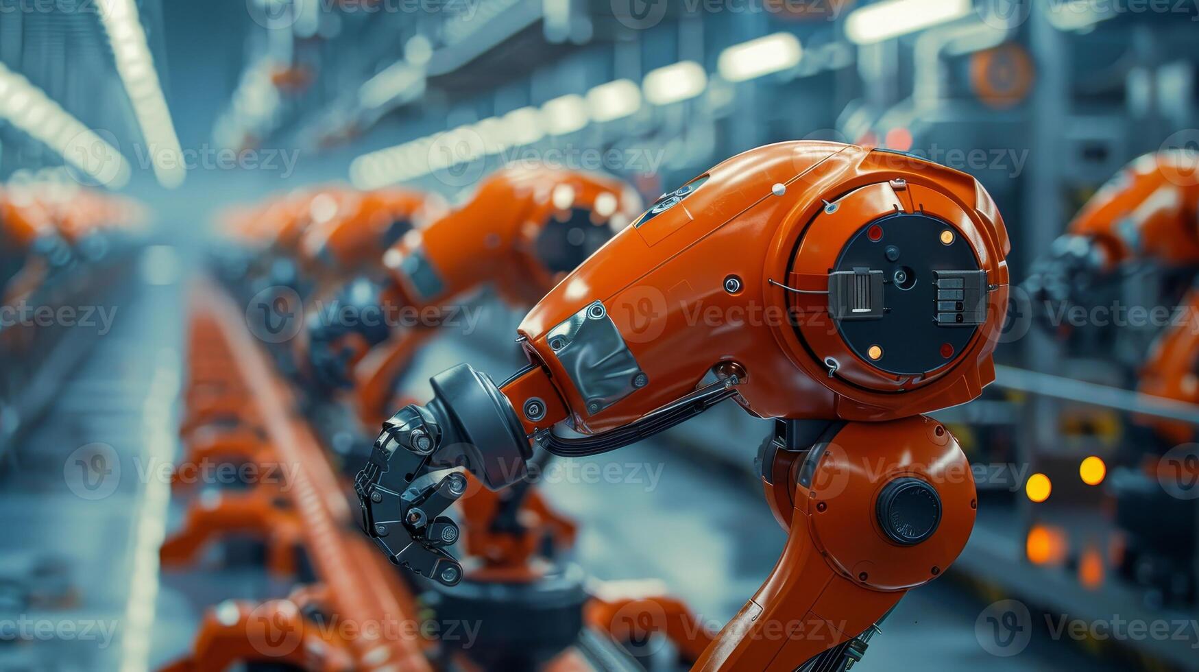 AI generated An orange robotic arm in an industrial automation assembly line, highlighting advanced manufacturing technology. photo