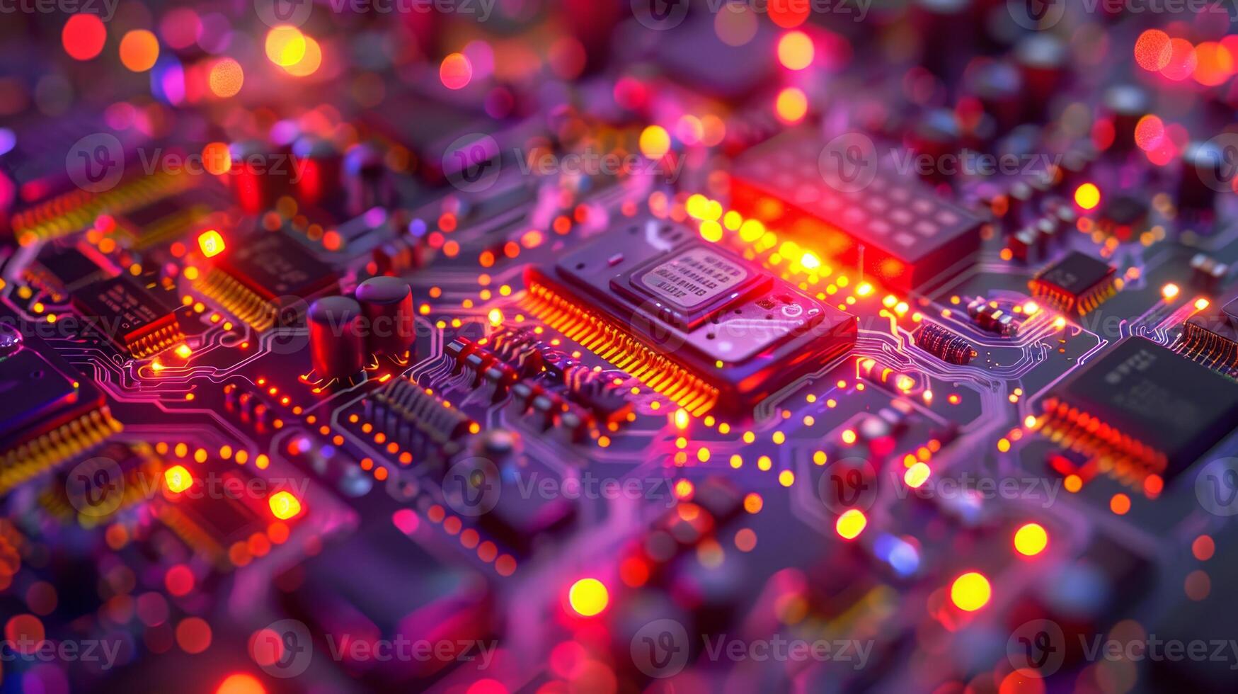 AI generated A close-up of a vibrant circuit board with illuminated electronic components, depicting advanced technology and computing. photo