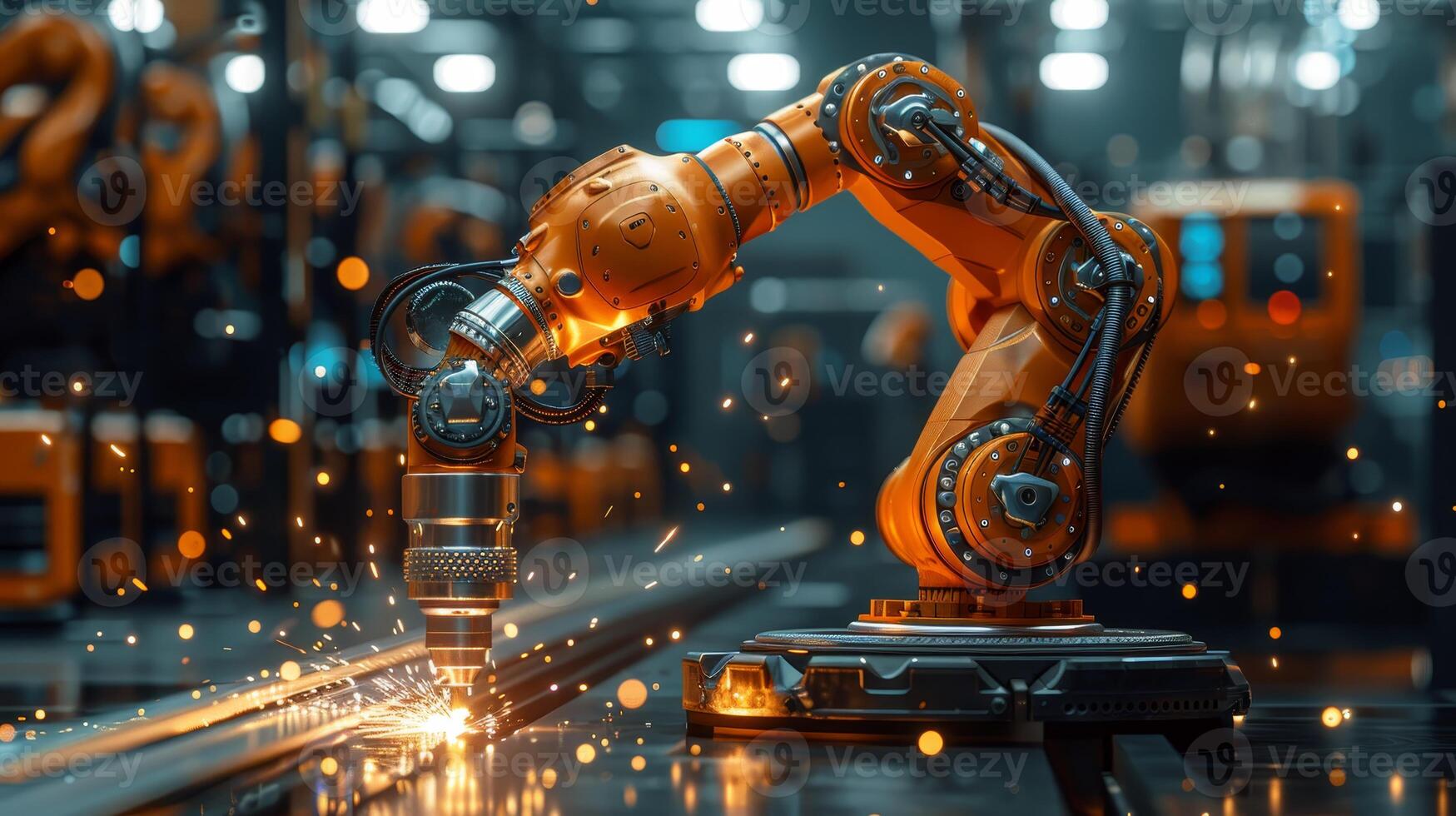 AI generated A robotic arm conducts precision welding, with sparks illuminating a modern factory setting, showcasing industrial efficiency and automation. photo
