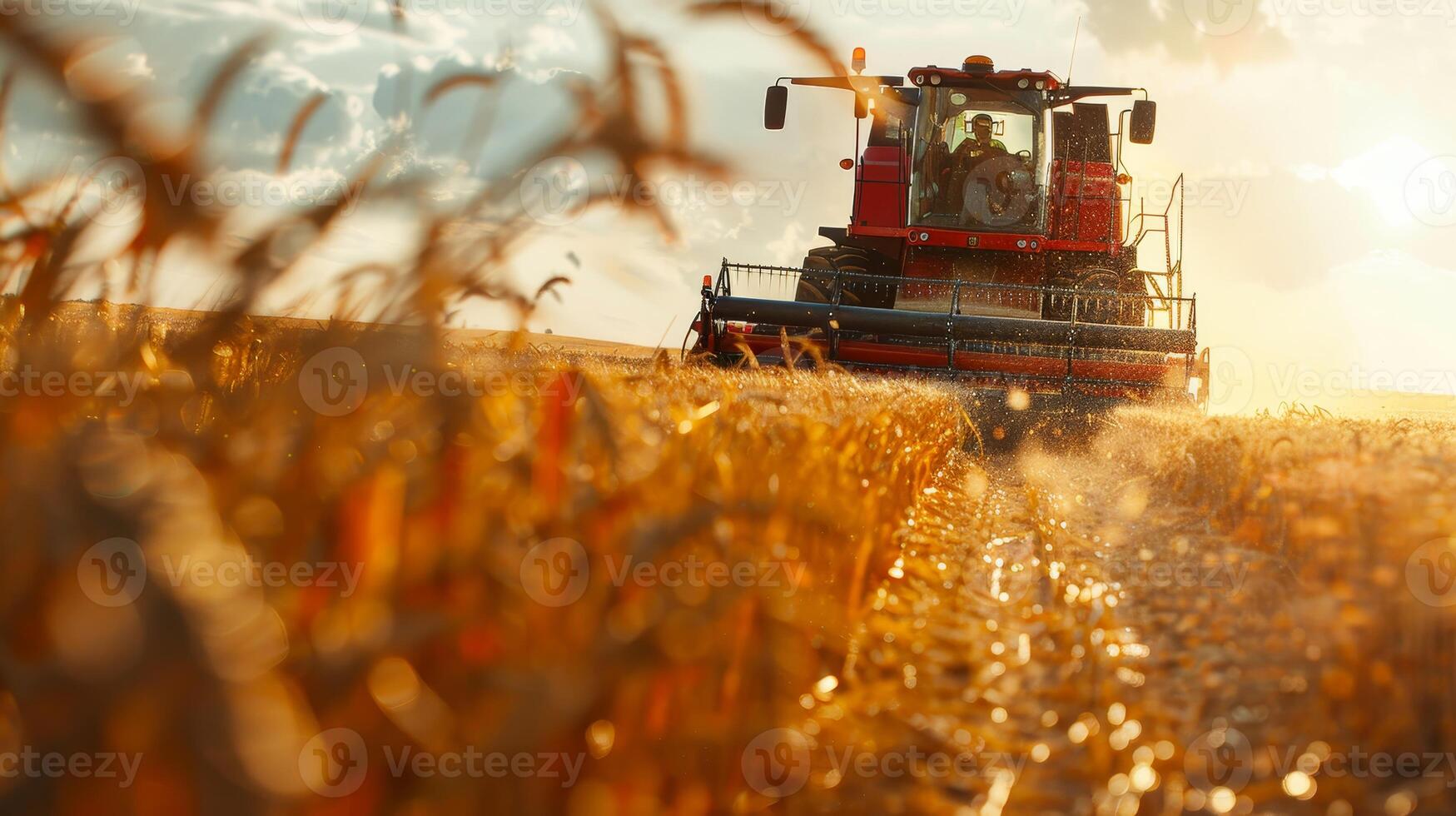 AI generated A combine harvester cuts through a wheat field at sunset, with golden light filtering through the dust and crops. photo