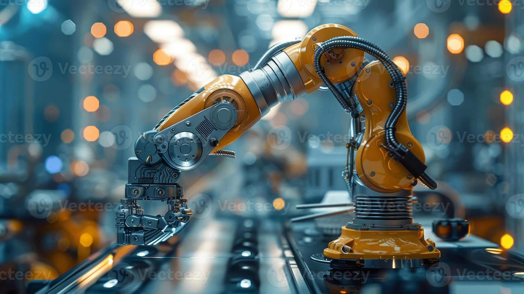 AI generated A modern robotic arm operates with precision on a production line in a smart factory environment, showcasing industrial automation. photo
