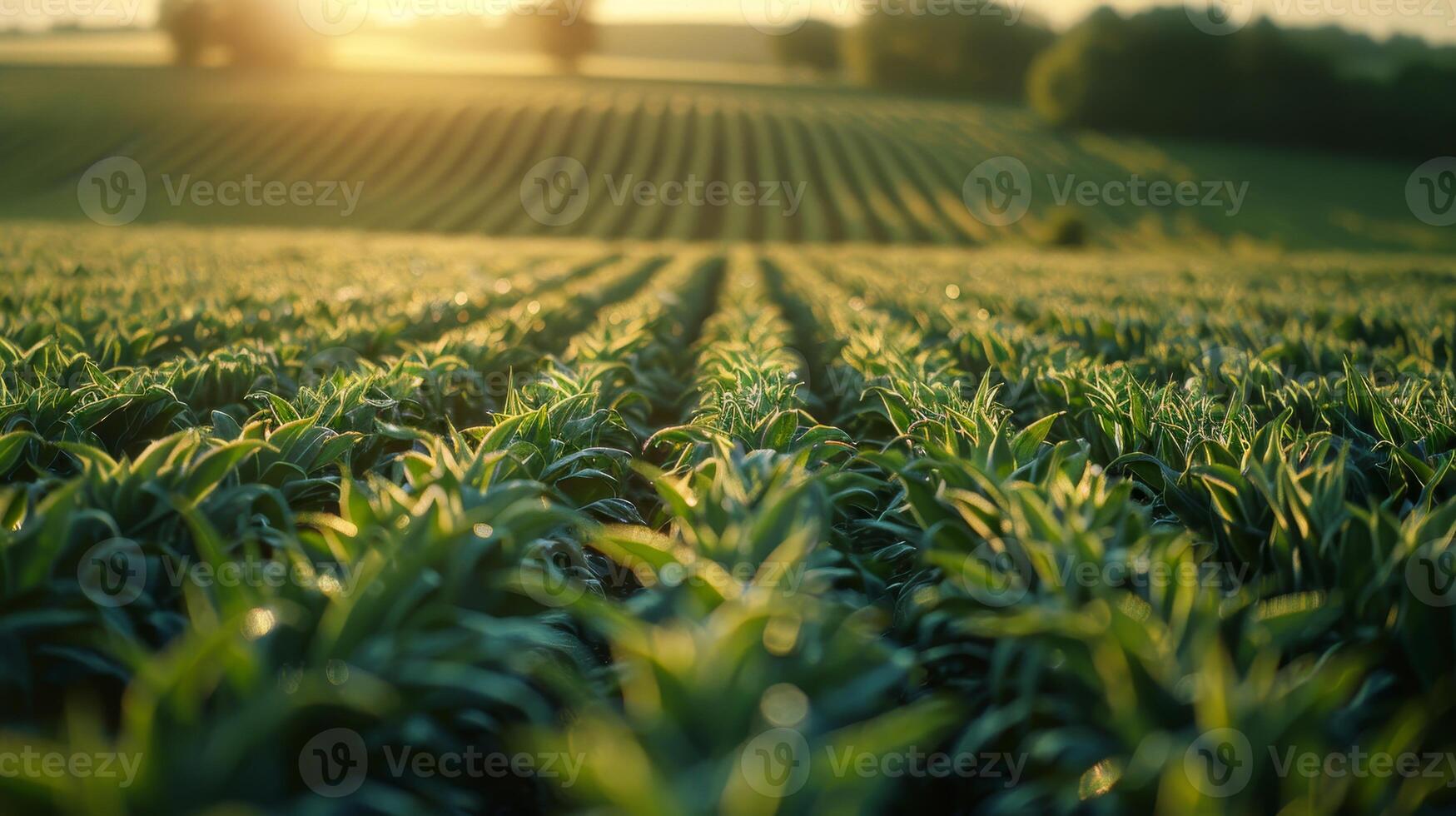 AI generated Early morning sunlight bathes rows of lush green crops in a vast agricultural field, highlighting sustainable farming practices. photo