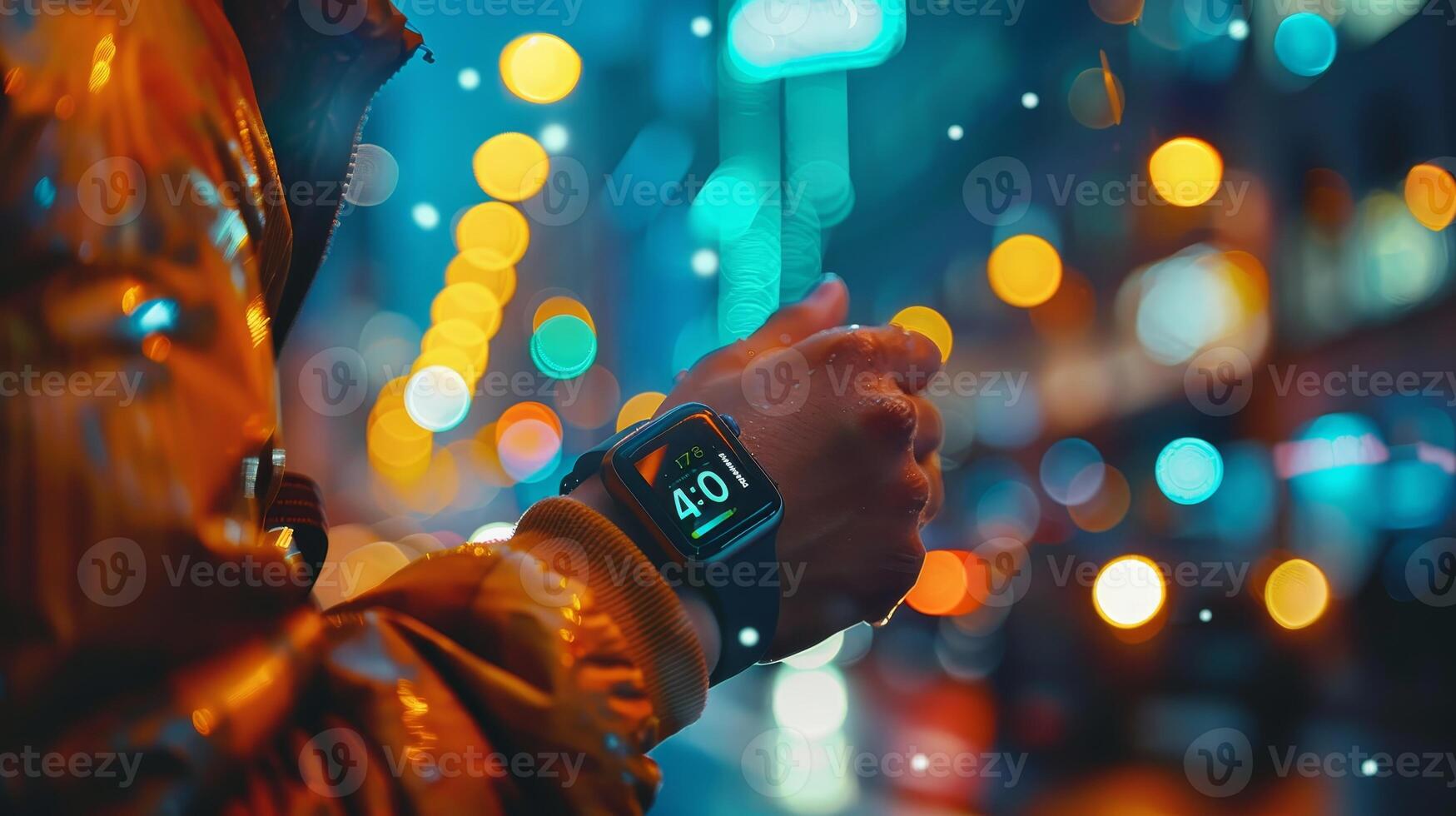 AI generated Close-up of a smartwatch on a person's wrist, illuminated by the colorful lights of a bustling city at night. photo