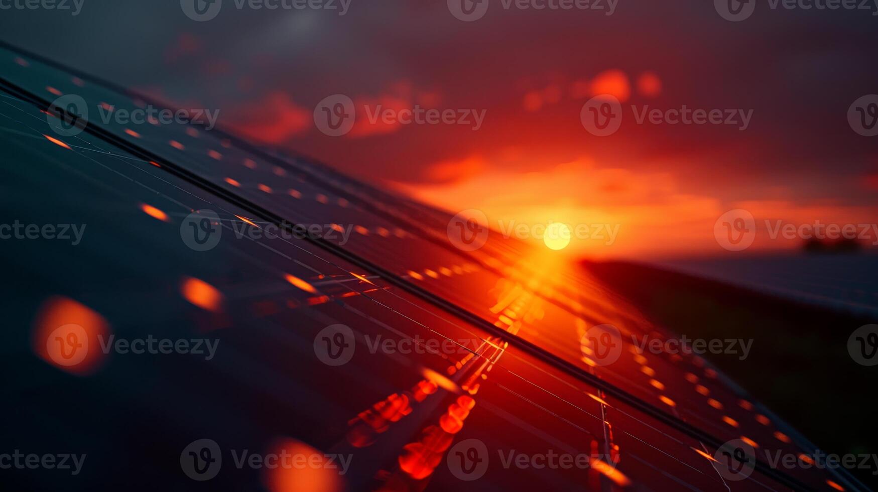 AI generated The last rays of the sun cast a fiery glow over a vast array of solar panels, emphasizing the blend of technology and natural energy. photo