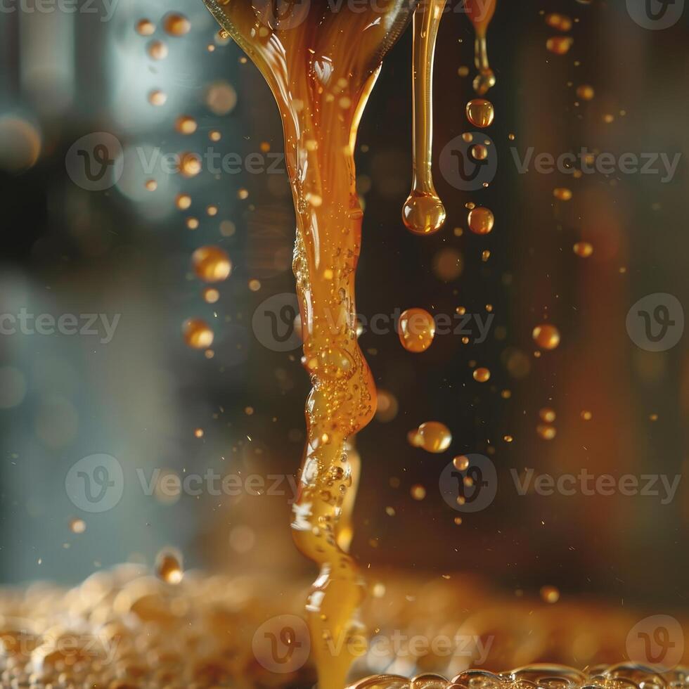 AI generated Macro shot of golden, viscous honey dripping and forming bubbles, highlighted by warm, reflective lighting. photo