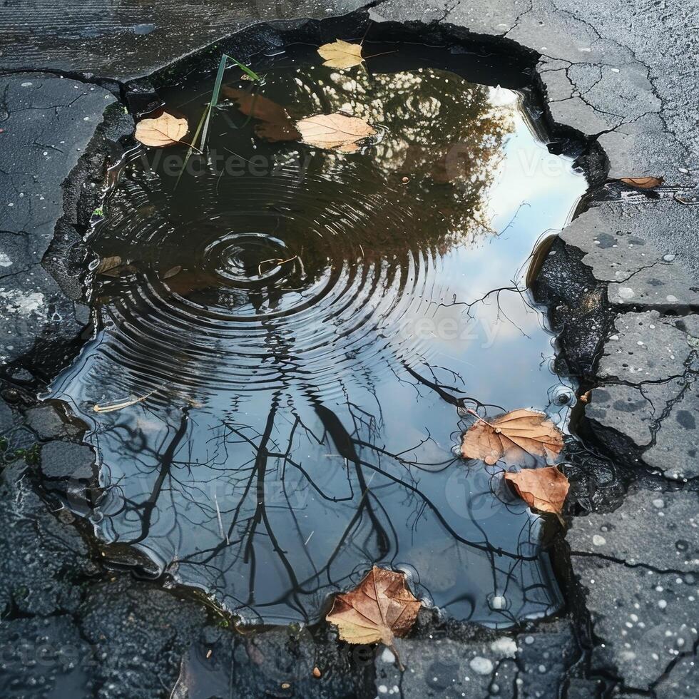 AI generated Ripples spread in a water puddle reflecting trees, on a cracked asphalt surface with scattered leaves. photo