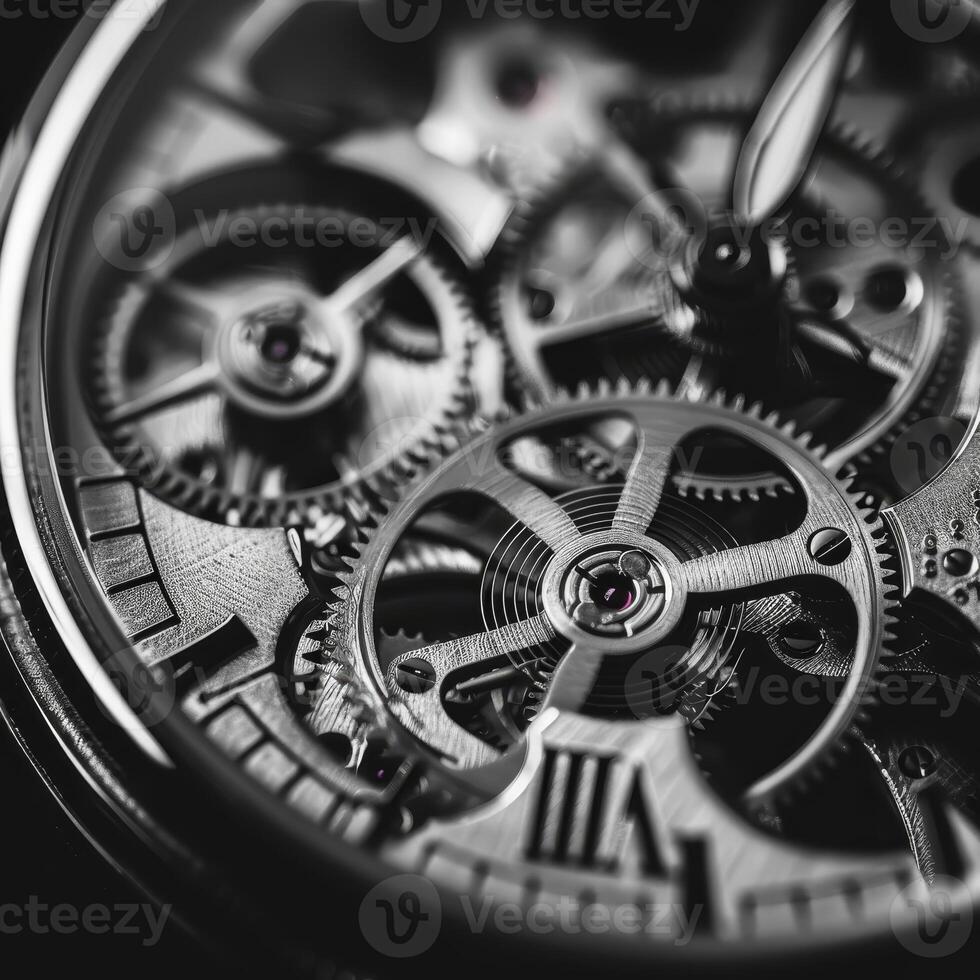 AI generated Detailed macro shot capturing the complex gears and springs inside a luxury mechanical watch. photo