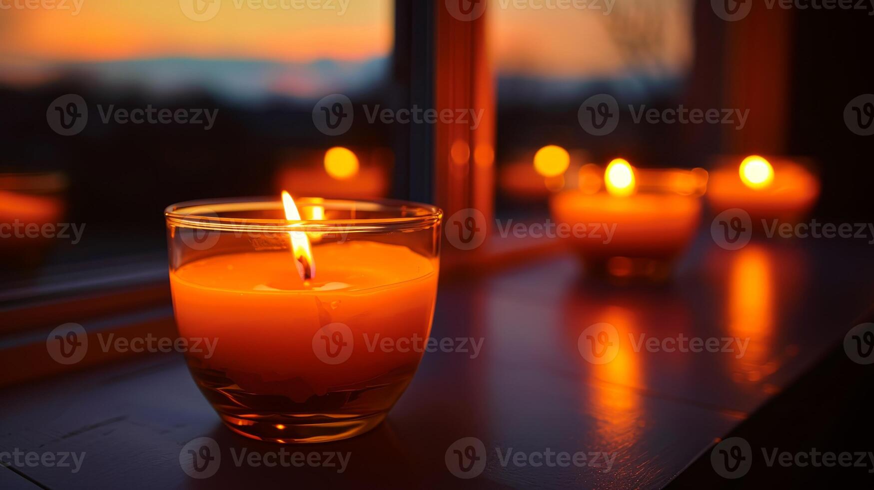 AI generated Multiple candles casting a soft, warm light by a window at dusk, reflecting tranquility and a cozy evening atmosphere. photo