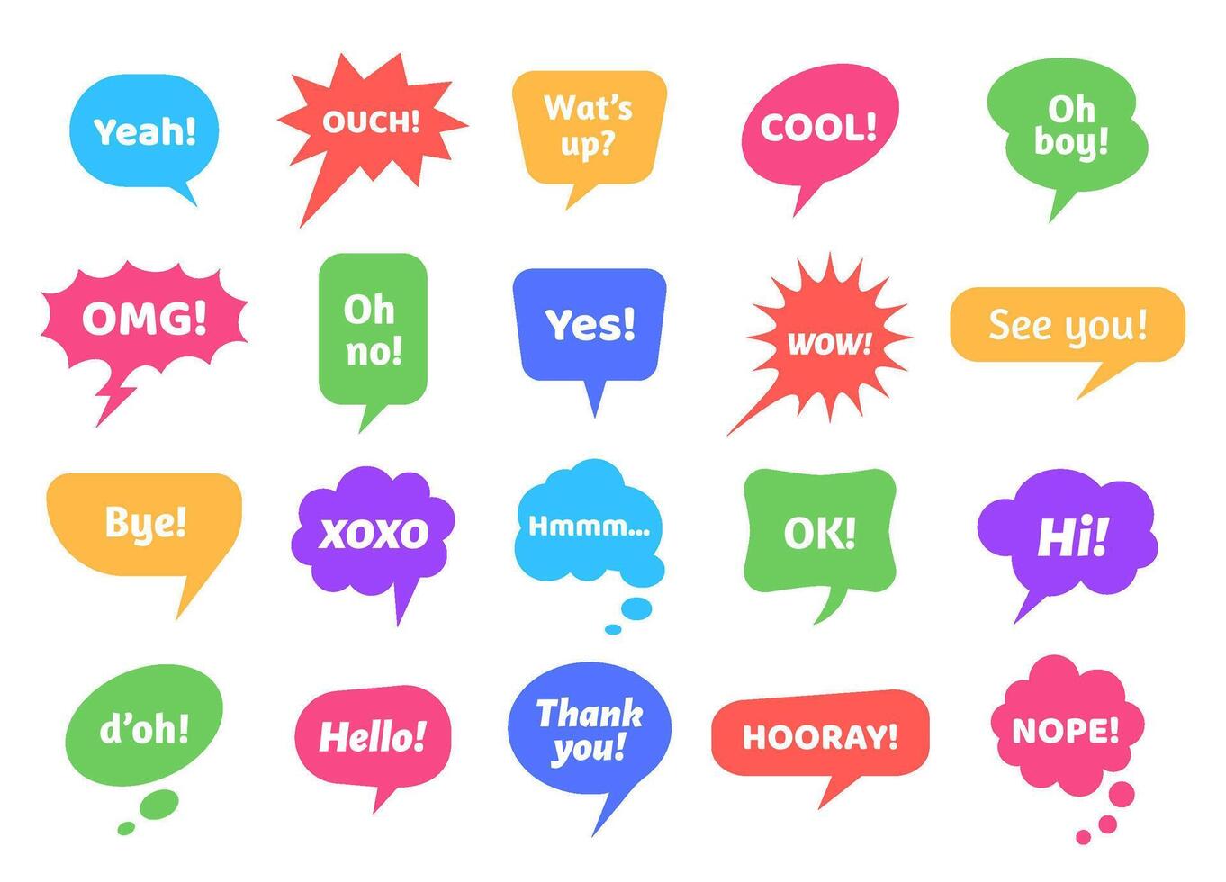 Bubble labels. Abstract doodle speech bubbles with different phrases, text labels and empty thought clouds modern vector icons set. Collection of colorful chat stickers with messages