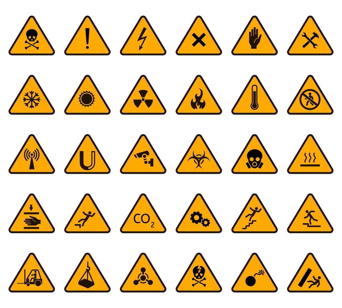 Warning signs. Caution attention warning yellow sign, danger high voltage and biohazard signs triangular vector illustration icons set