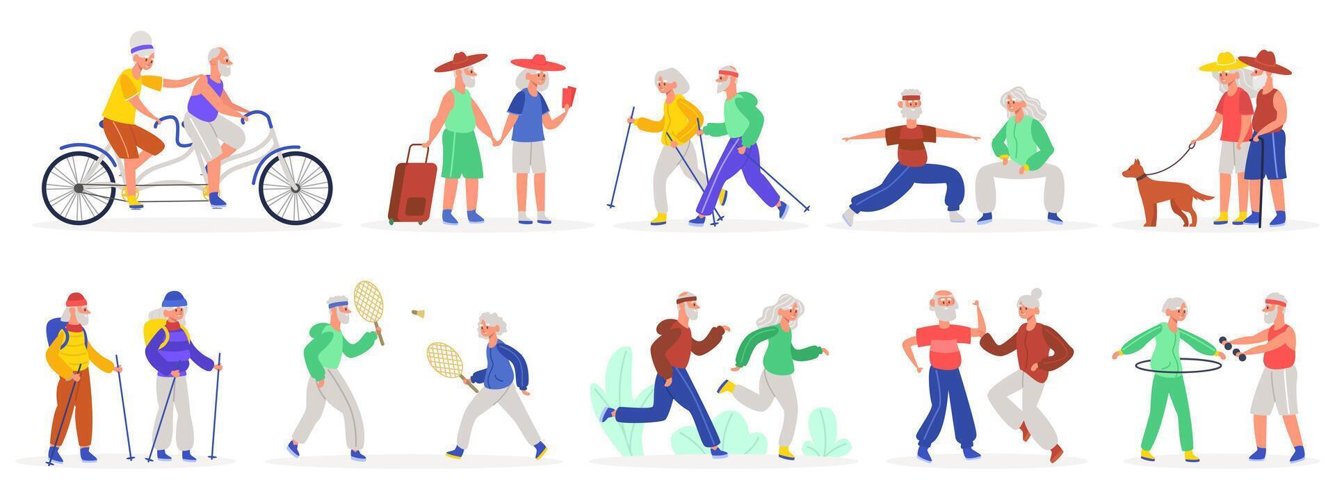 Active elderly couples. Senior elderly couple, healthy sporty grandmother and grandfather, old people dancing and jogging vector illustration set