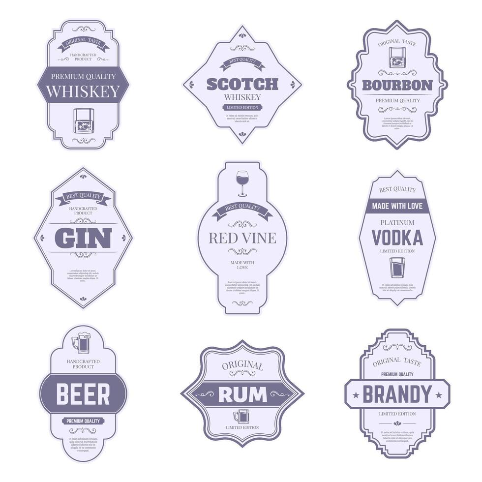 Alcohol bottle labels. Traditional alcohol labels, vintage bourbon and gin bottle emblem, bar drink packaging tags vector isolated symbols set
