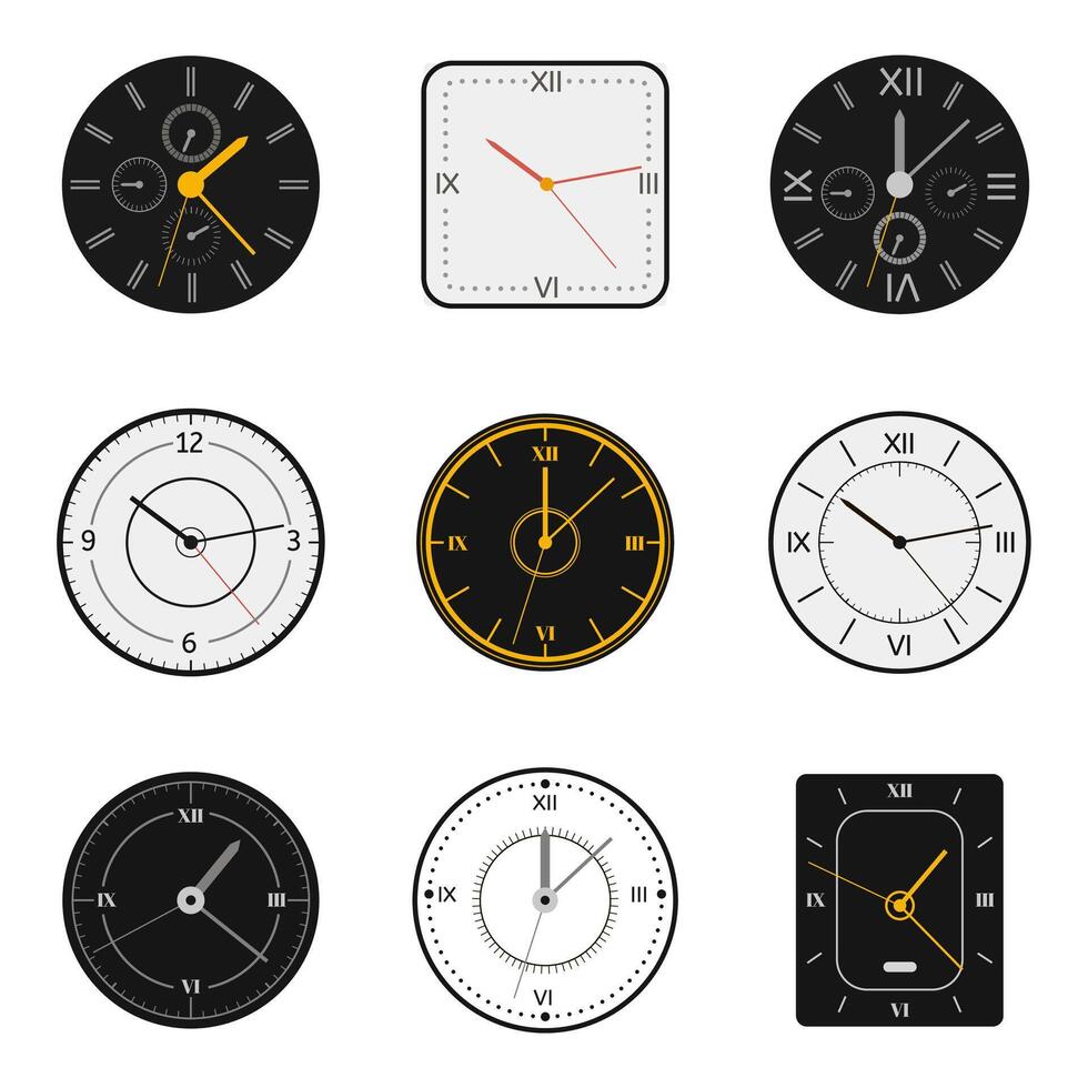 moderno reloj rostro. reloj redondo escala caras, moderno 12 horas redondo reloj, hora medición reloj vector ilustración símbolos conjunto