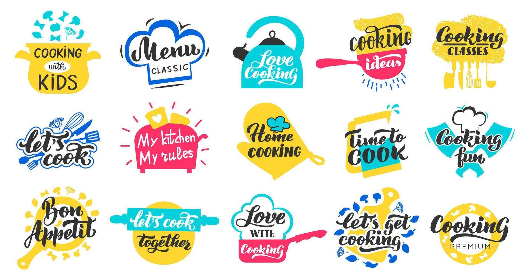 Cooking lettering labels. Kitchen food lettering hand drawn badge, cooking recipes and restaurant menu stamp vector isolated icons set