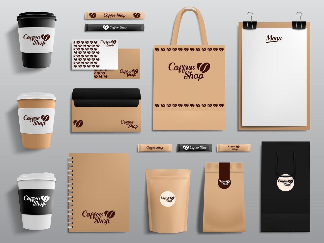 Realistic coffee shop mockups. Cafe, restaurant corporate identity, cup, envelope, menu and package templates vector illustration set