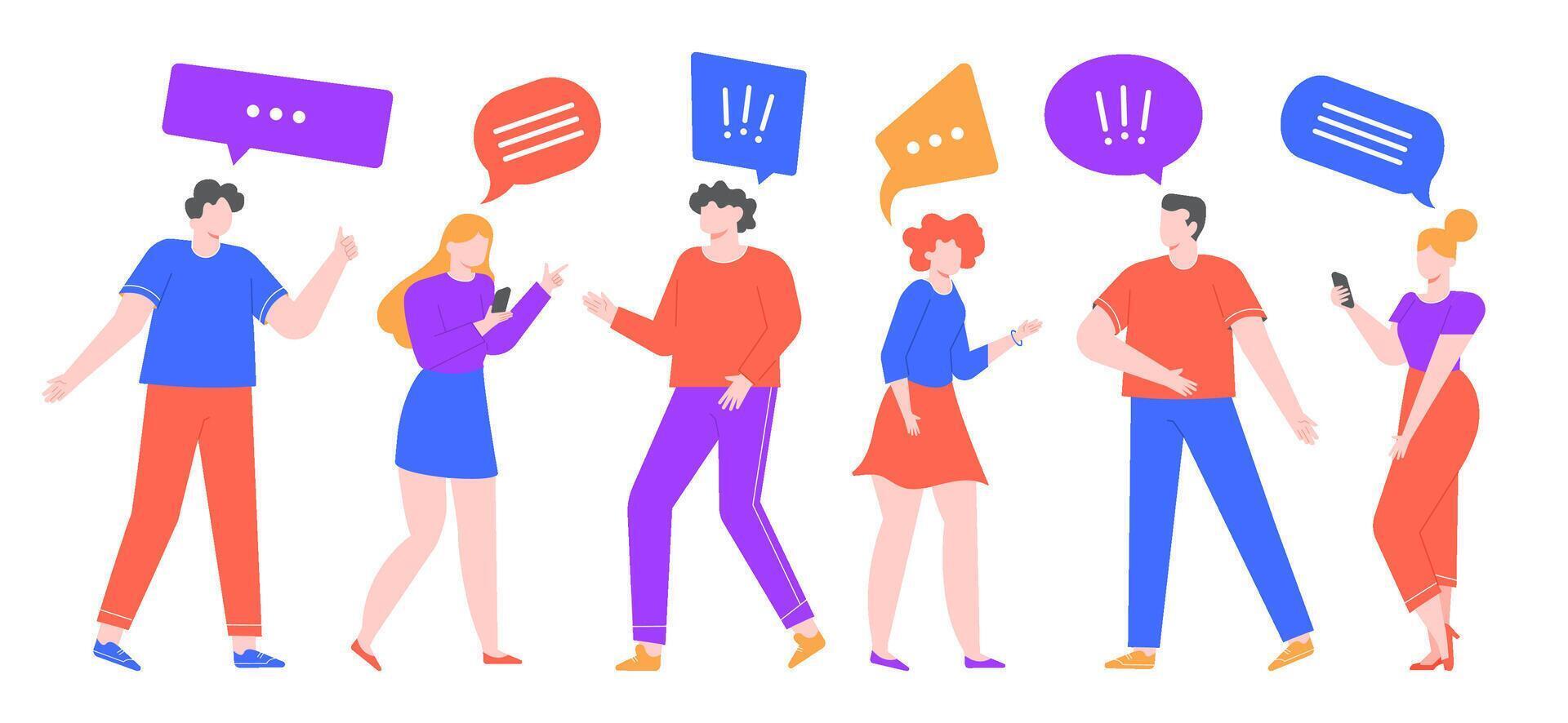Communicating people. Group of female and male characters speaking bubble communicate, chat using smartphones, people conversation and phone call talking vector illustration. Men and women characters