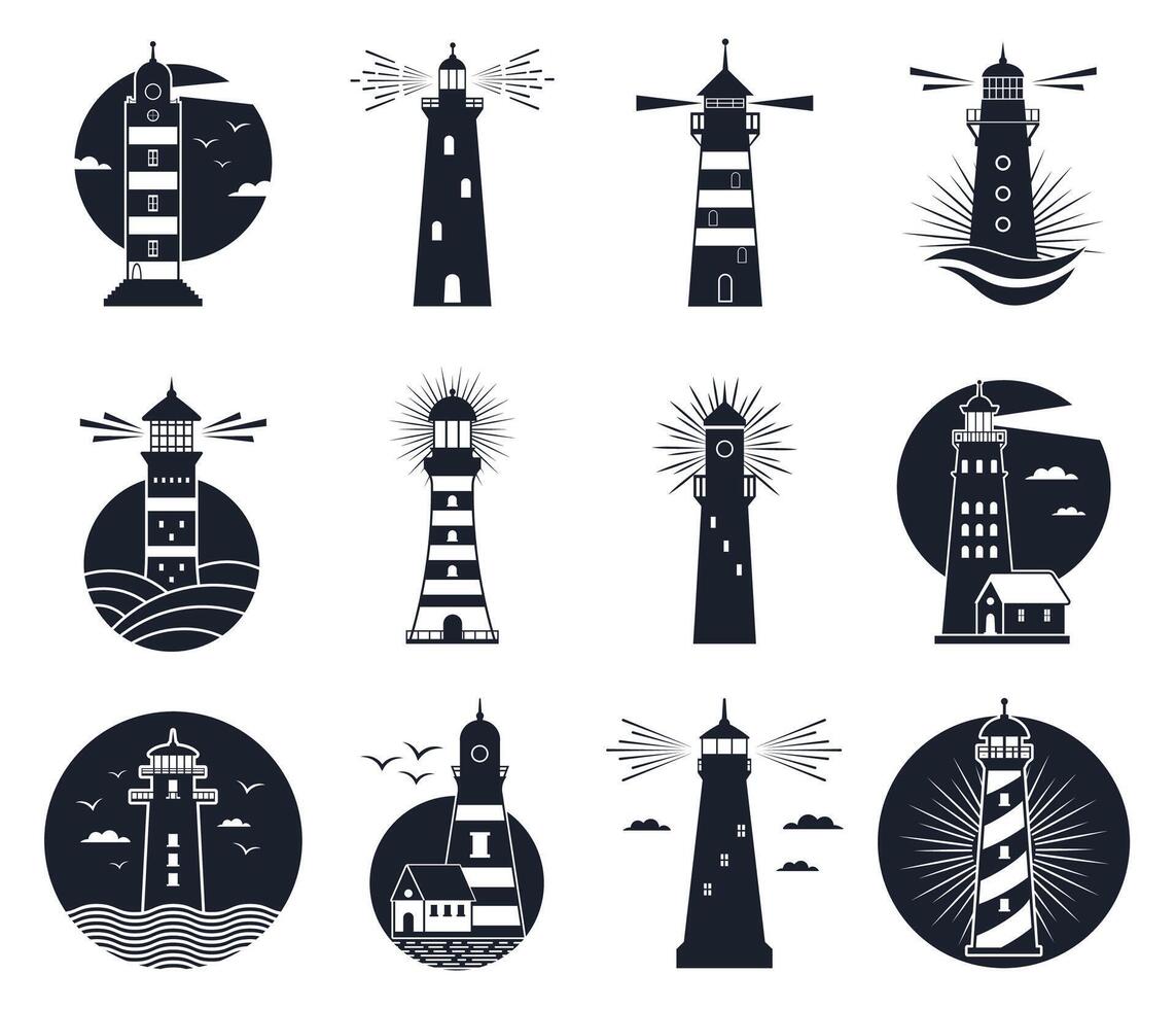 Lighthouse labels. Vintage beacon building emblems, marine navigation lighthouse silhouettes. Beacon towers labels vector illustration set