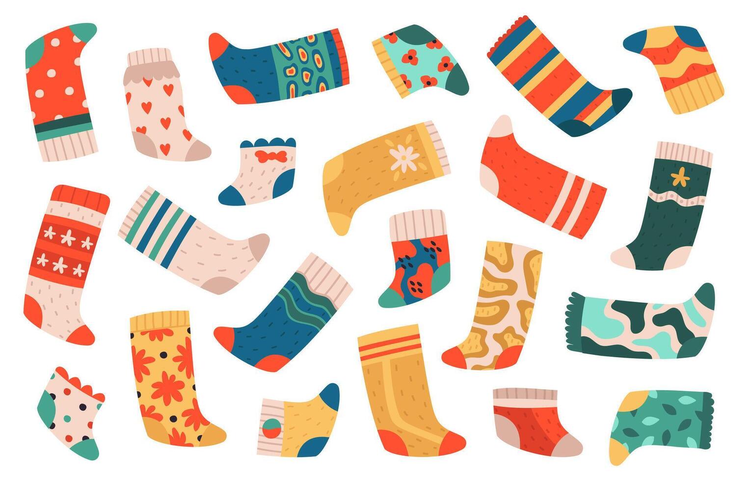 Kids socks. Cute colorful cotton socks, textile dotted and striped trendy clothes, wool comfort kids wear vector illustration set
