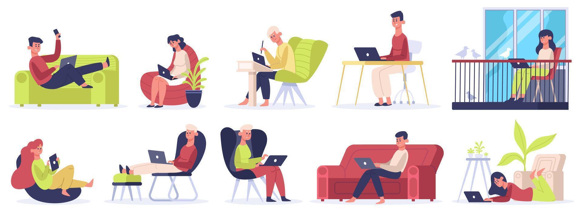 Freelance workers. People working on laptops and computers from home, comfortable freelance workplace. Self employed vector illustration set