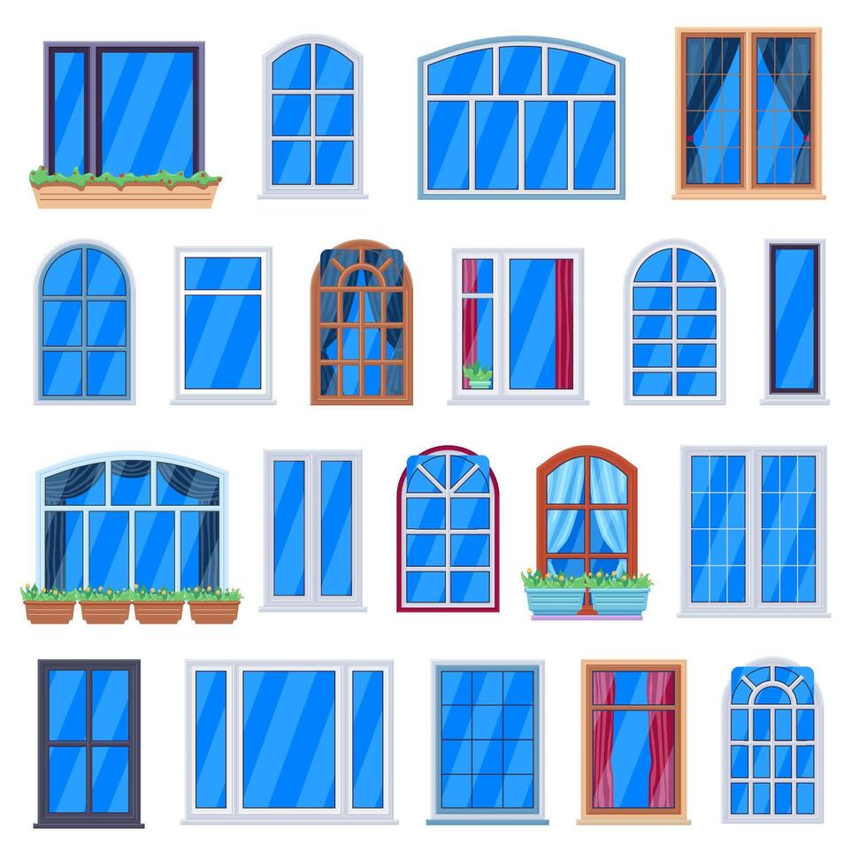 Window frames. Wooden house windows, retro room window frames, house wall plastic windows. Architecture exterior elements vector illustrations