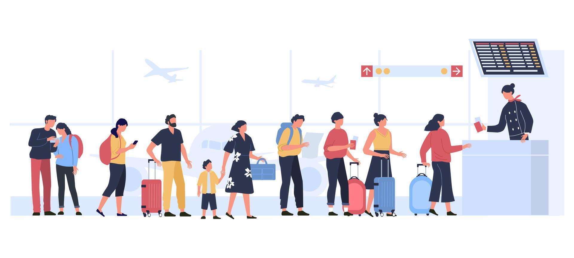 Airport departure area. Plane boarding flight register, tourists with luggage in landing queue check in vector illustration