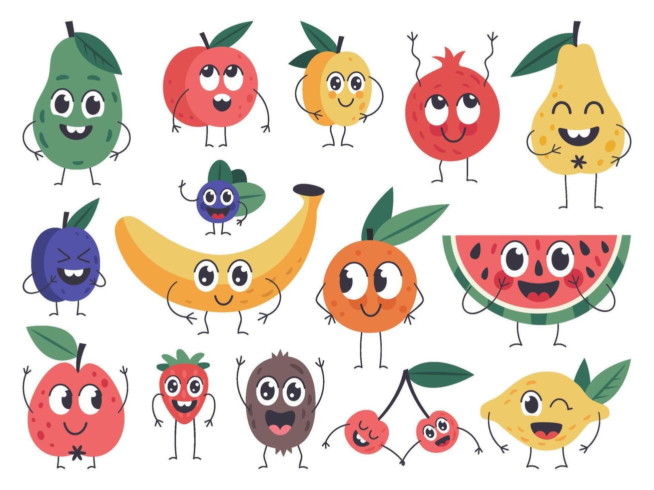 Fruta personaje. garabatear vegetariano comida mascotas, contento frutas cómic emociones, linda manzana, plátano y gracioso aguacate aislado vector íconos conjunto