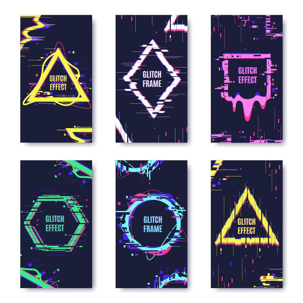 Glitch damage cards. Noise defect distortion frame posters, abstract no signal dynamic elements frames isolated vector illustration set