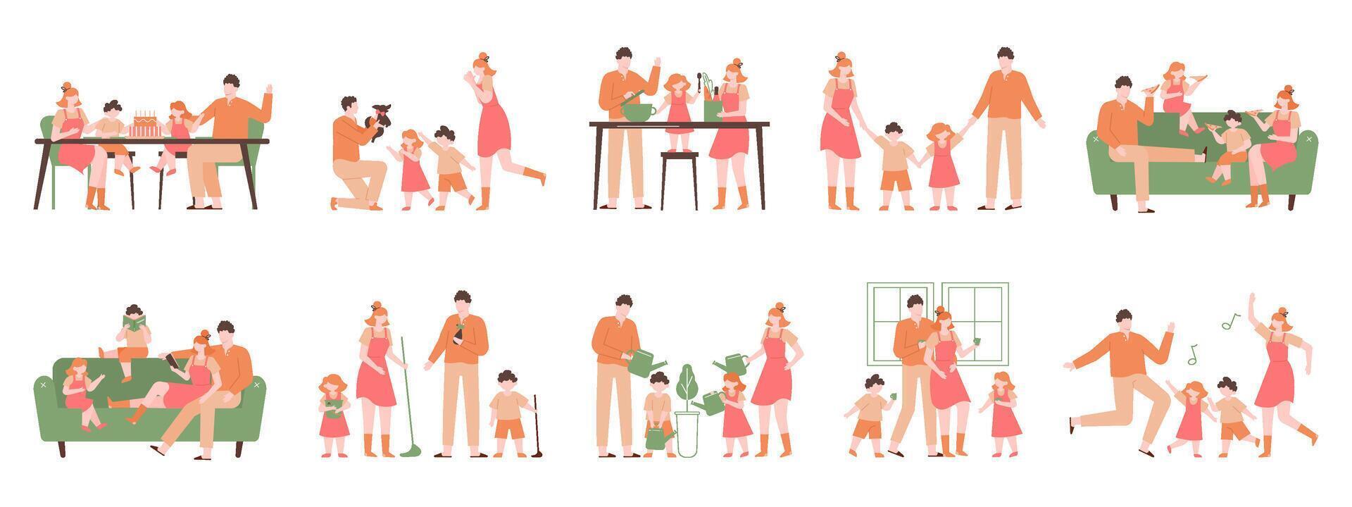 Parents and children at home. Family indoor activity, happy dad, mom and kids playing, cooking, dancing. Happy family vector illustration set