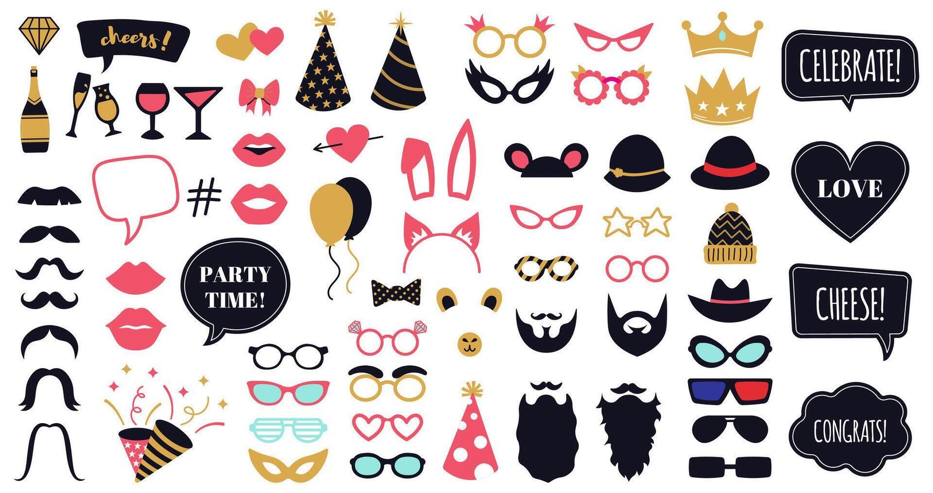 Photobooth party props. Funny face masks, glasses, crown, beard and bunny ears, celebration day speech bubble frames vector illustration set