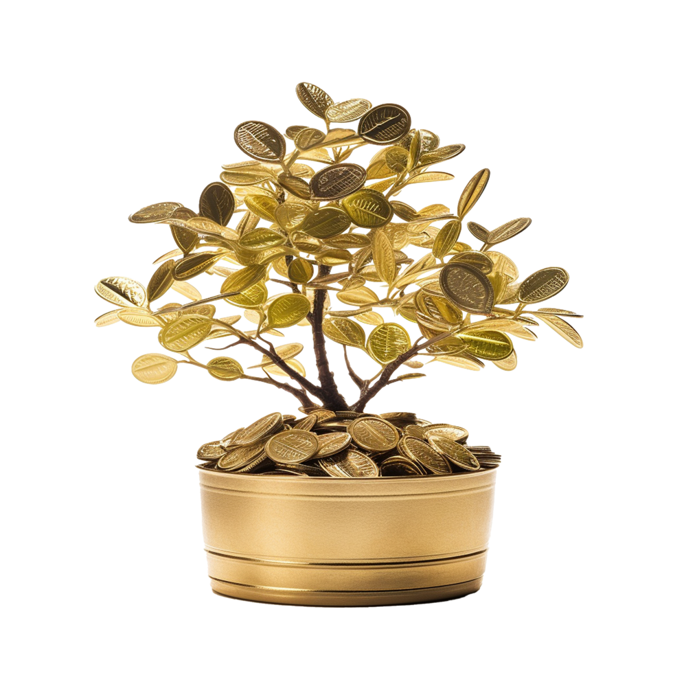AI generated Plant in gold coins depicting business growth png isolated on transparent background