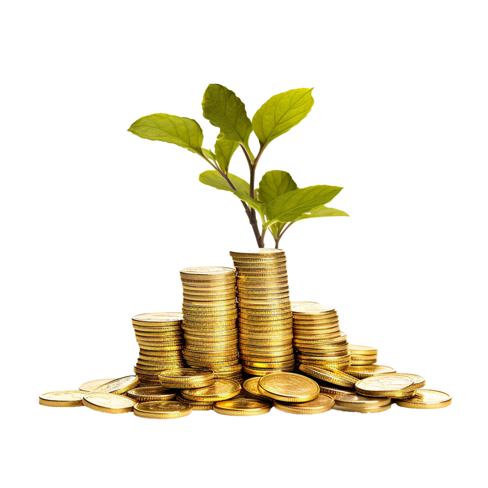 AI generated Plant in gold coins depicting business growth png isolated on transparent background