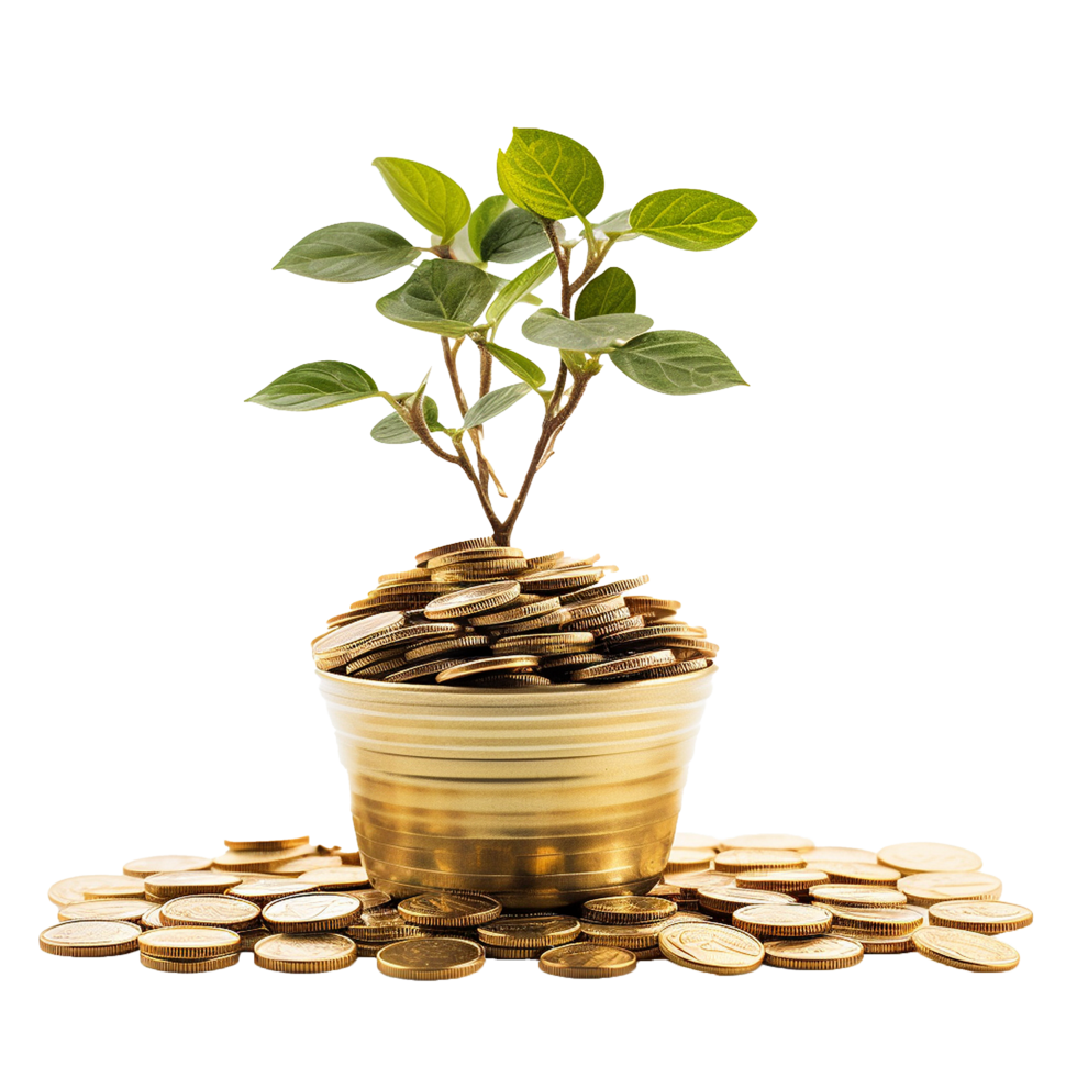 AI generated Plant in gold coins depicting business growth png isolated on transparent background