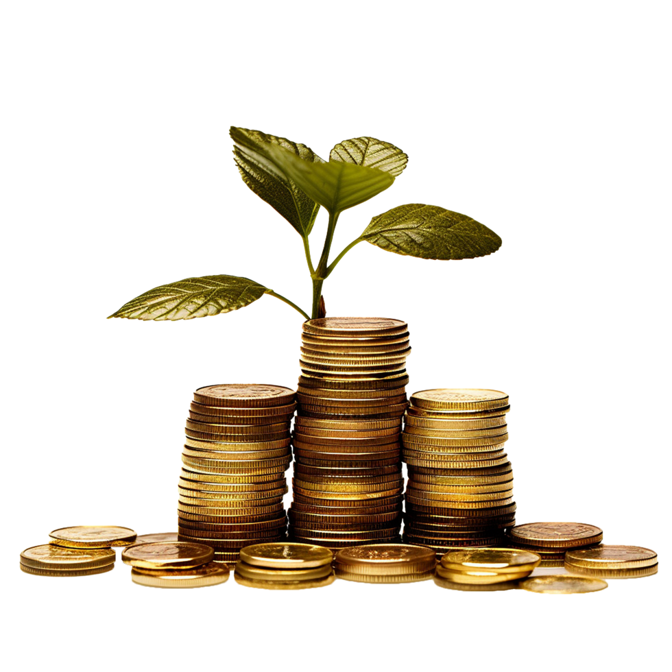 AI generated Plant in gold coins depicting business growth png isolated on transparent background