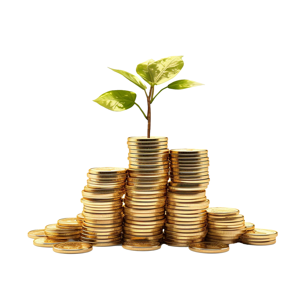 AI generated Plant in gold coins depicting business growth png isolated on transparent background