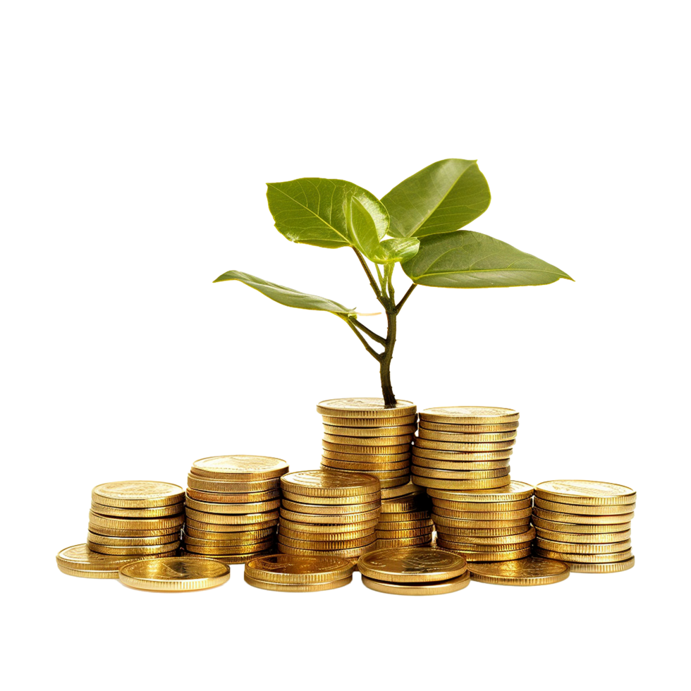 AI generated Plant in gold coins depicting business growth png isolated on transparent background