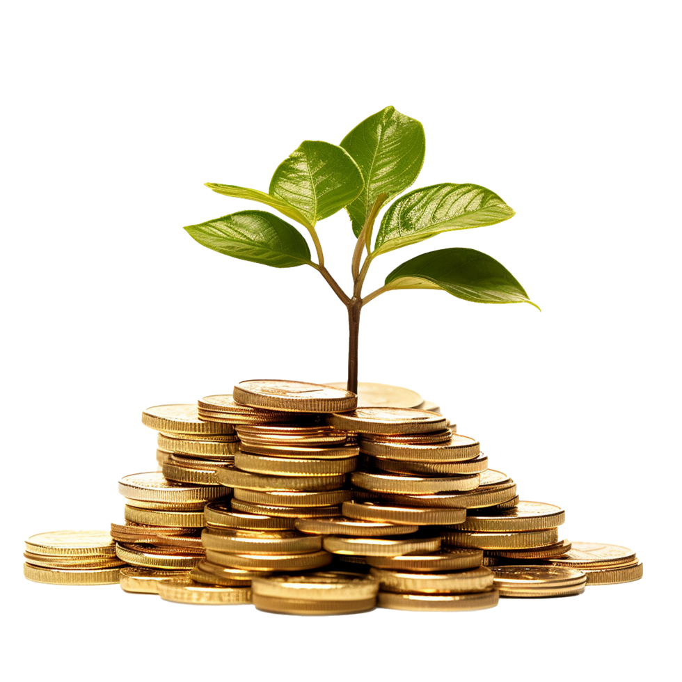 AI generated Plant in gold coins depicting business growth png isolated on transparent background