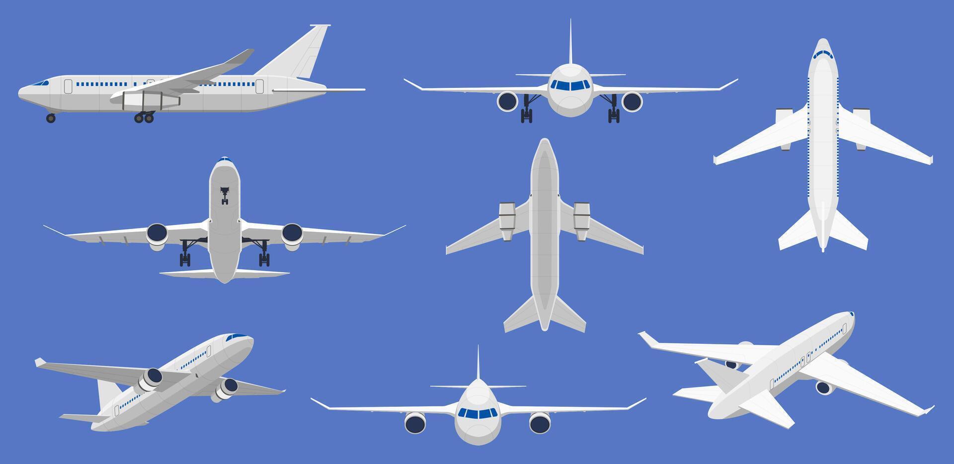 Airplane flight. Aircraft plane in front, side and top view, passenger plane or cargo service aircraft. Flying airplane isolated vector illustrations