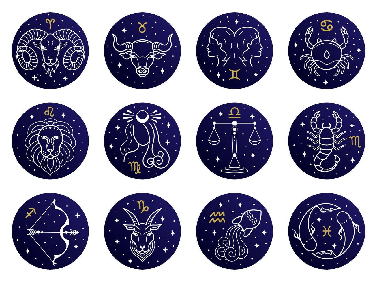 astrológico zodíaco señales. Aries, Tauro, León y Geminis horóscopo, Virgo, Escorpión, Libra, Acuario zodíaco, Sagitario, Piscis, Capricornio, cáncer vector símbolos