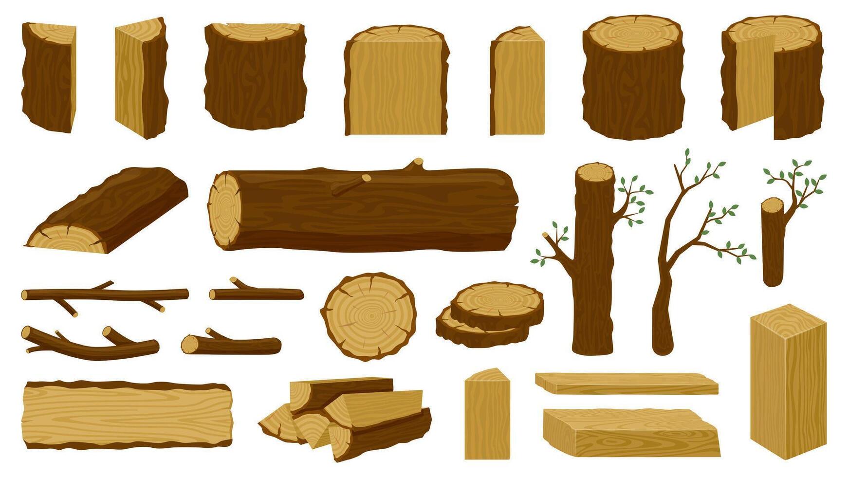 Wooden timbers. Tree trunk, woodwork planks and logging twigs, lumber industry chopped firewood material isolated vector illustration icons set