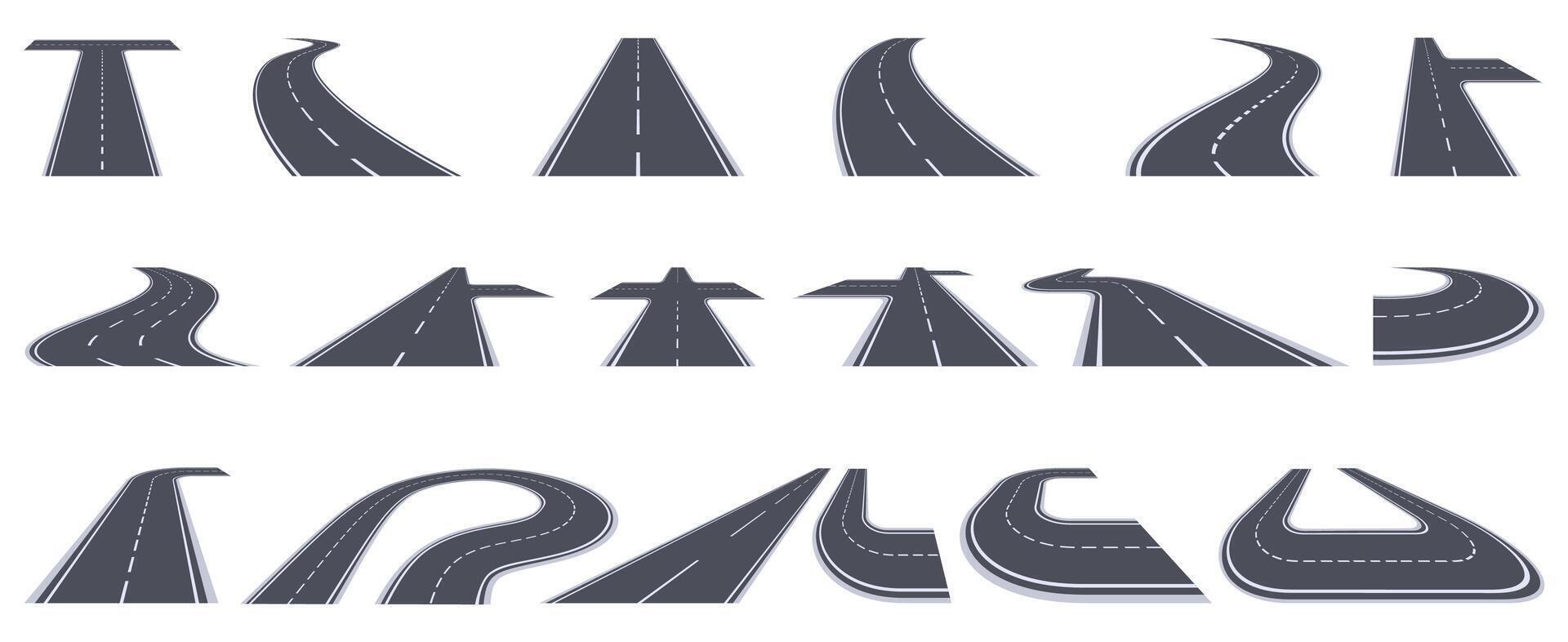 Road way. Bending asphalt highway, curved perspective roads, urban bending town path isolated vector illustration set