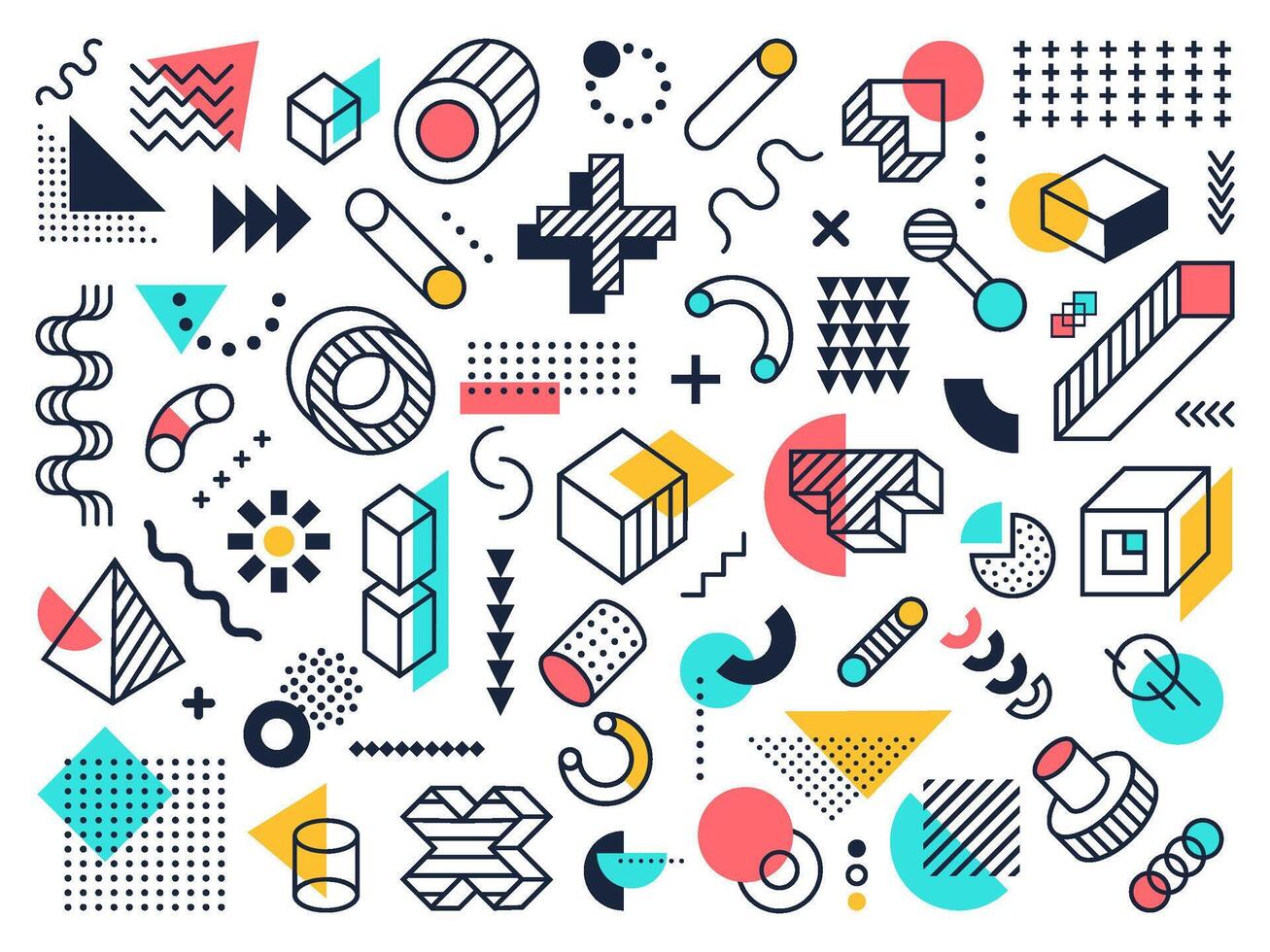 Abstract geometric shapes. Circle and triangle, graphic 90s funky memphis ornaments, abstract design elements. Retro constructivism symbols vector isolated symbols collection. Contemporary backdrop