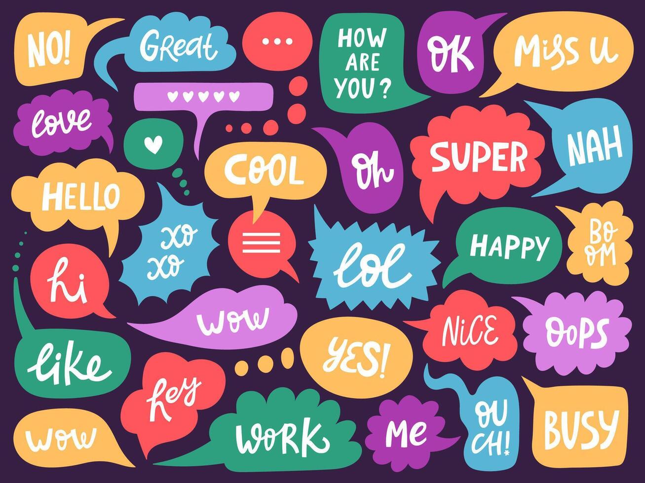 Doodle conversation clouds. Dialogue chat bubbles with small talk phrases, think or talk clouds. Hand drawn speech bubbles vector symbols set