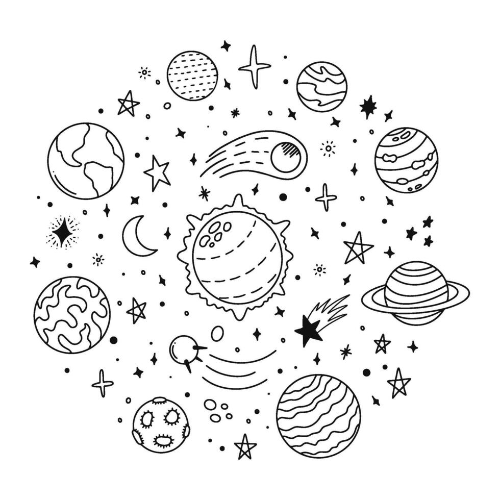 Doodle solar system. Hand drawn sketch planets, cosmic comet and stars, astronomy space doodles. Celestial solar system vector icons illustration