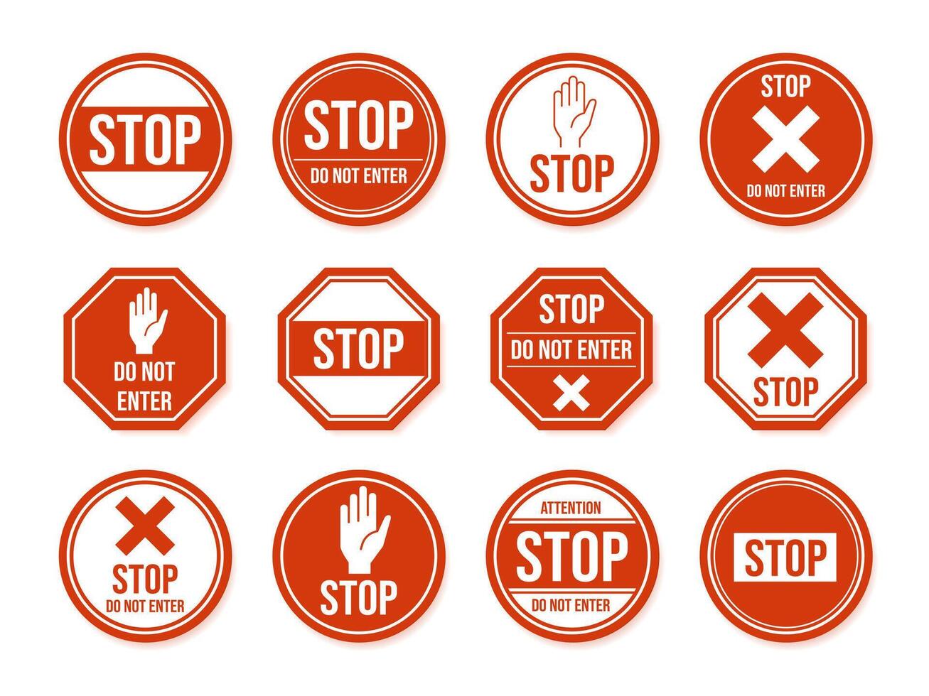 Stop road sign. Traffic road stop symbol, dangerous, restricted urban and highway symbols, warning direction signs vector isolated icon set
