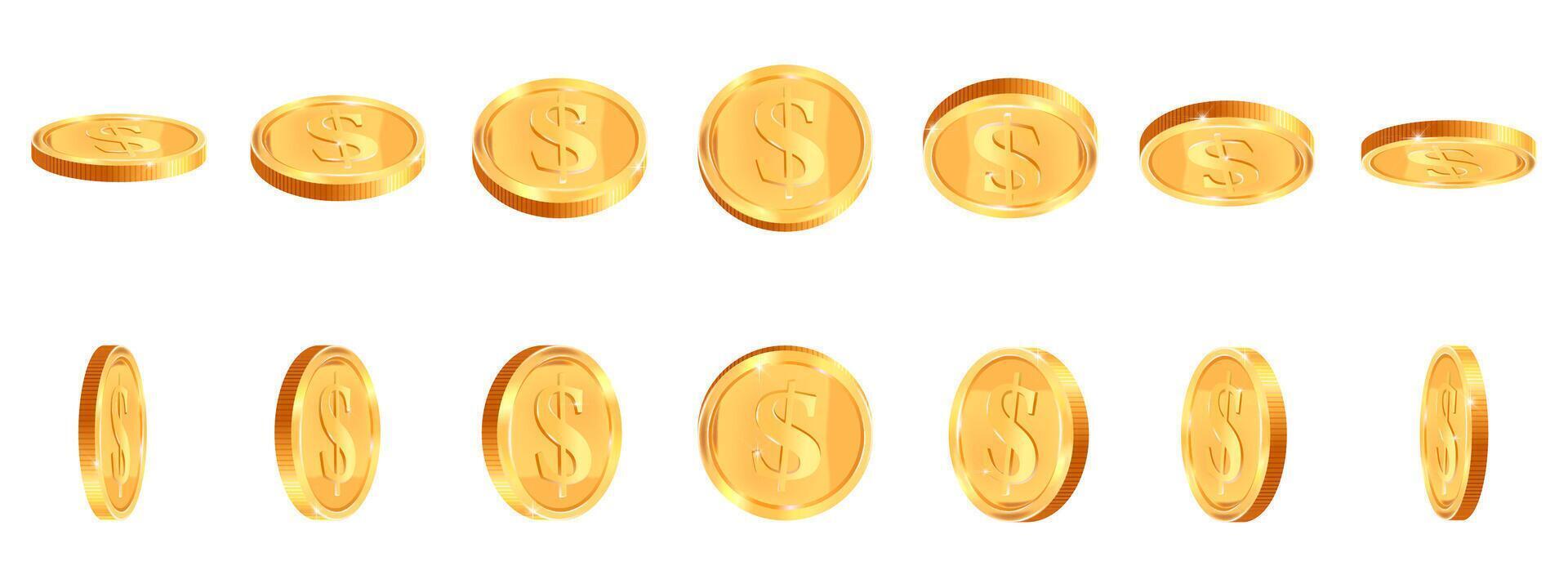 realista oro monedas dorado brillante efectivo moneda, bote moneda dólar animación, oro 3d tesoro premio, dorado dinero vector ilustración íconos conjunto