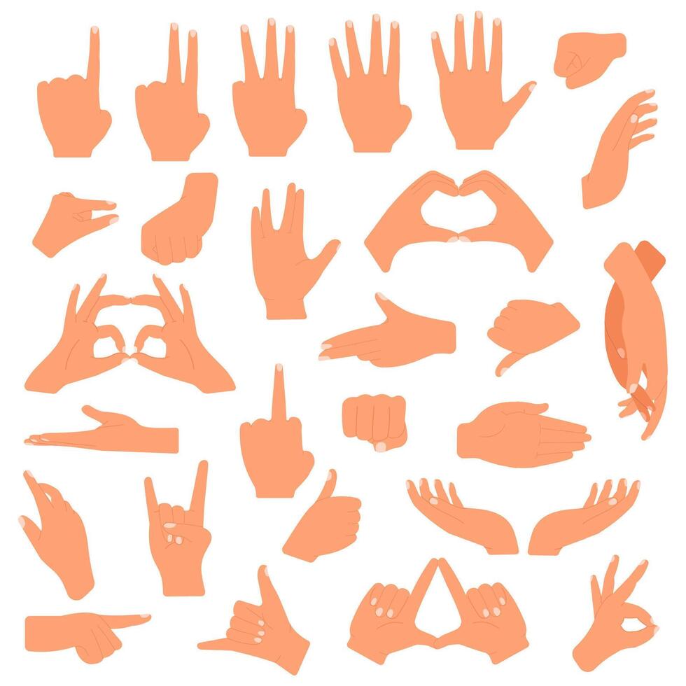 Gesturing hands. Communication hand gesture, pointing, counting fingers, ok sign, palm gesture language vector illustration set
