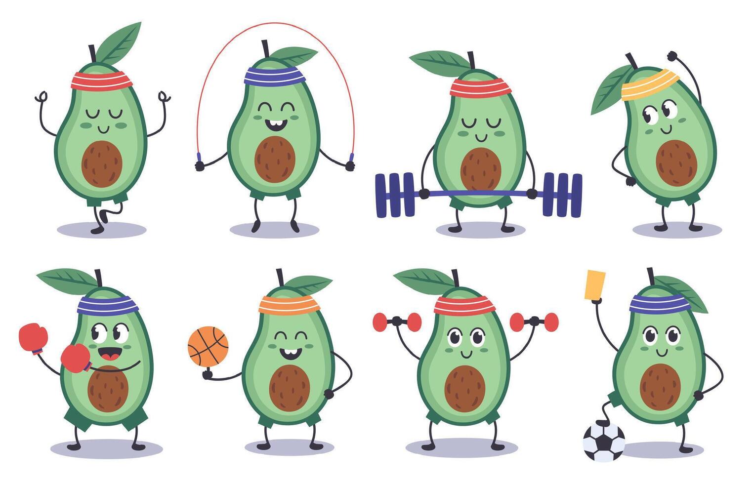 aguacate aptitud física. gracioso garabatear aguacate personaje hacer deporte, meditación, jugar fútbol, Deportes aguacate mascota aislado vector ilustración íconos conjunto